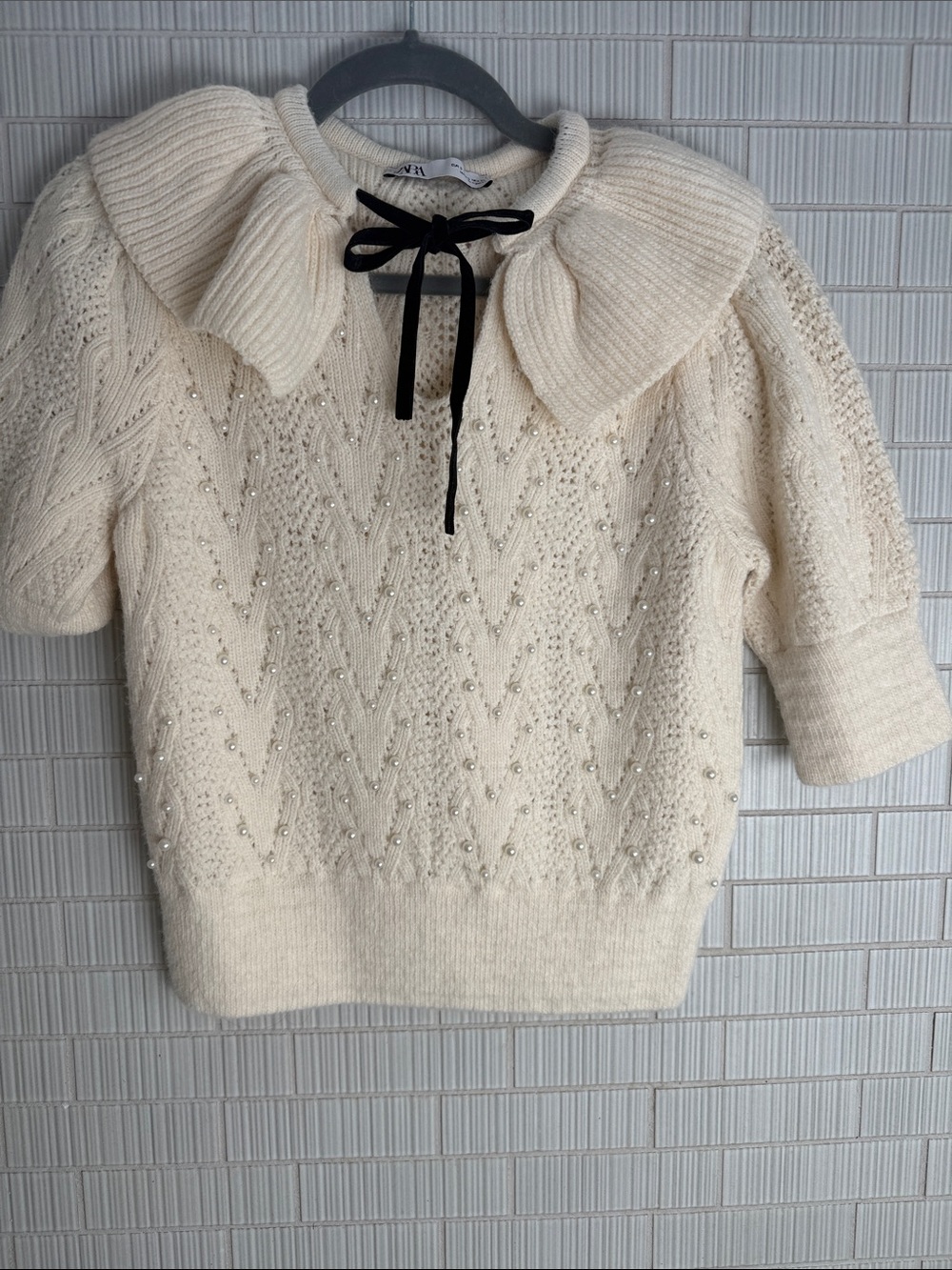 Zara Cream Pearl-Trim Knit Sweater with Peter Pan Collar